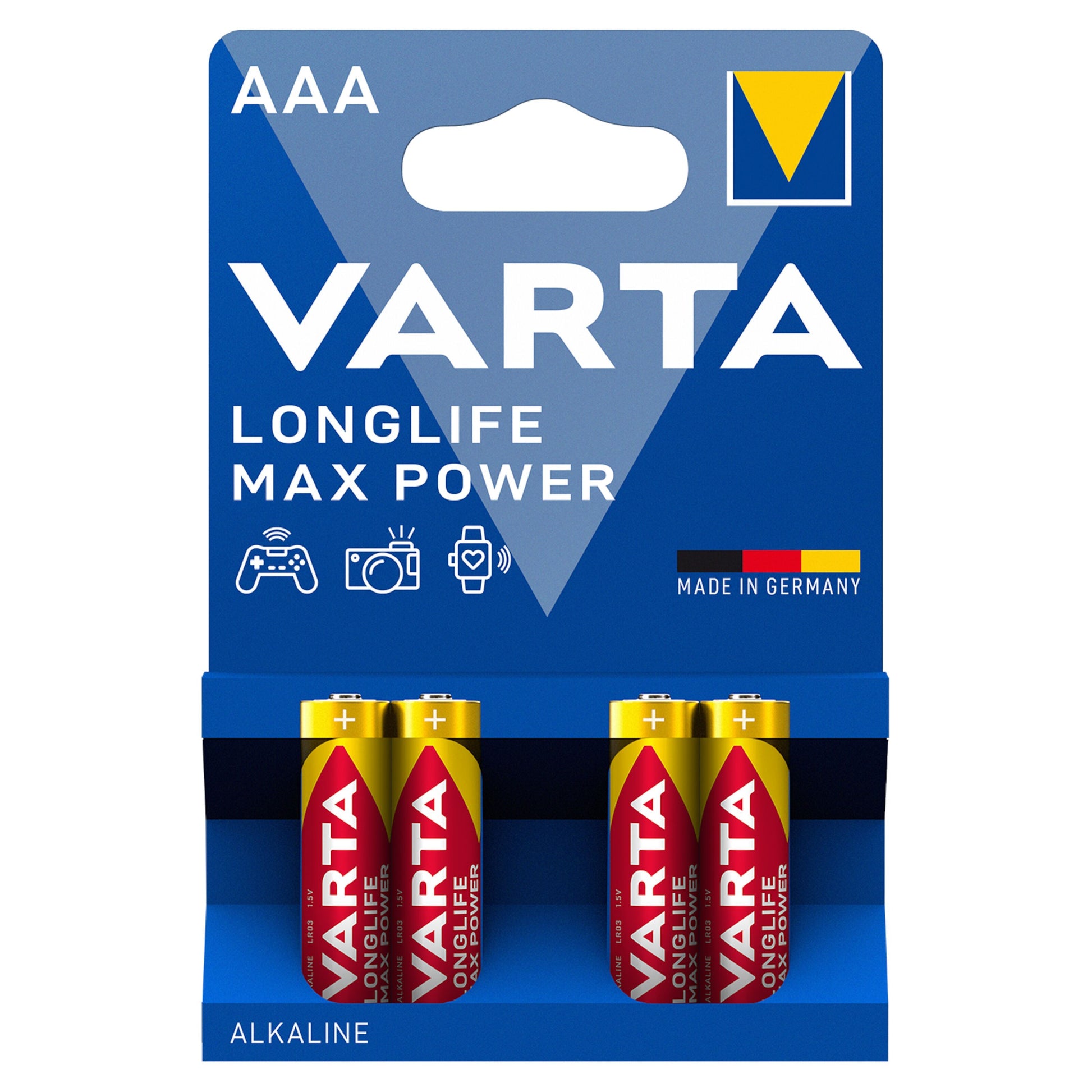 Varta Longlife Max Power AAA-batterier 4-pak i blå/gul blisterpakke med ikoner og teksten "MADE IN GERMANY.