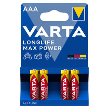 Varta Longlife Max Power AAA-batterier 4-pak i blå/gul blisterpakke med ikoner og teksten "MADE IN GERMANY.