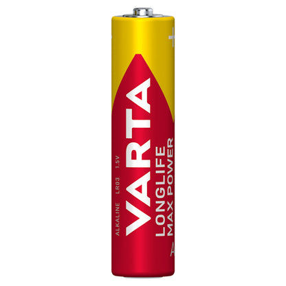Varta Longlife Max Power AAA batterier 4-pak, rød/gul design med teksten Varta LONGLIFE MAX POWER ALKALINE LR03 1,5V.