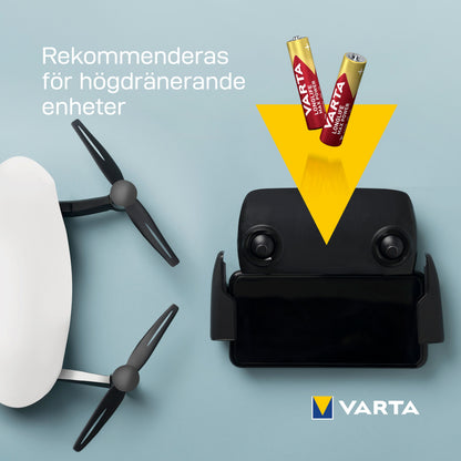 Varta Longlife Max Power AAA batterier 4-pakning over sort dronestyring og hvid drone, svensk tekst synlig.