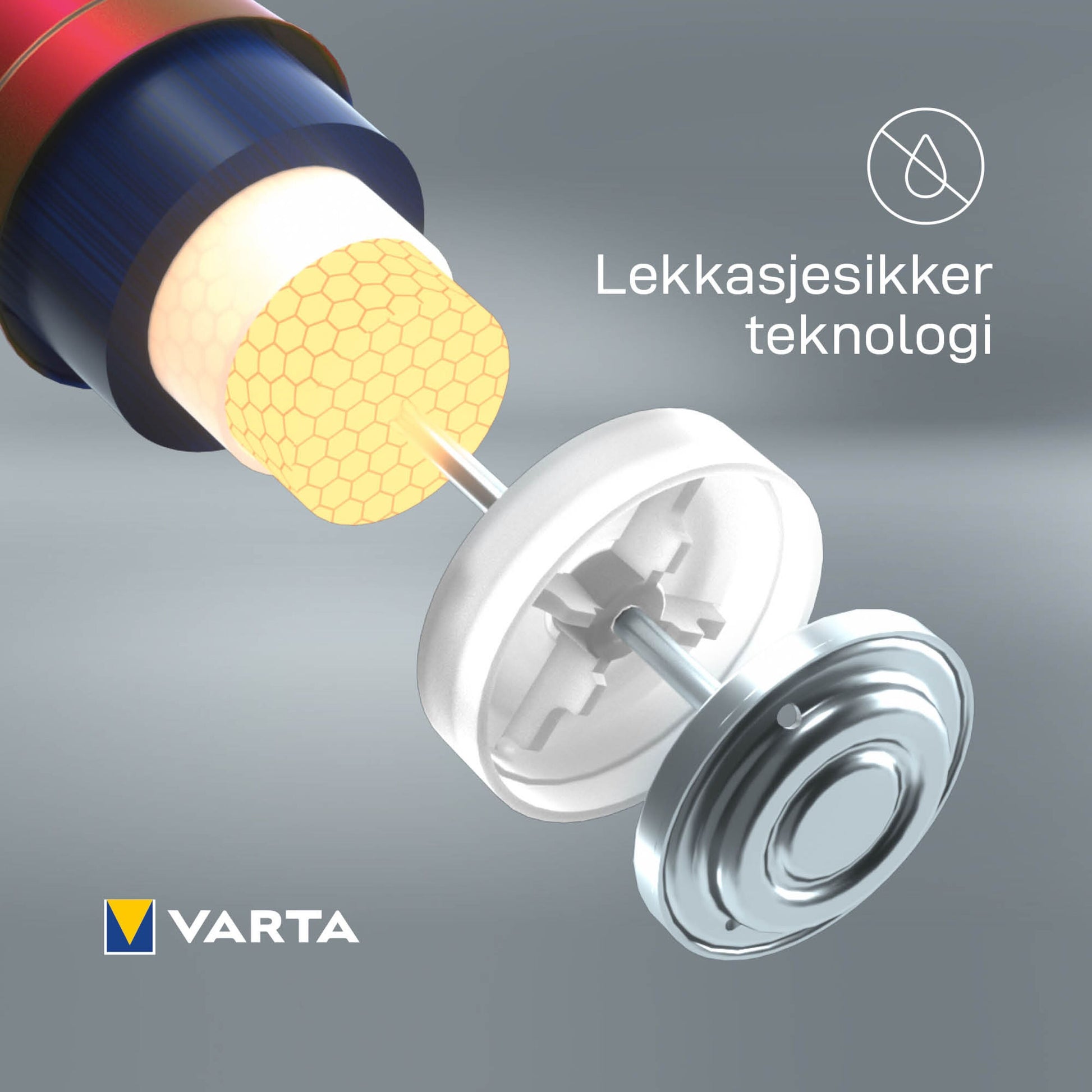 VARTA Longlife Max Power AAA-batterier 4-pak, eksplosionstegning viser indre dele og teksten Lekkasjesikker teknologi.