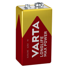 Varta Longlife Power Alkaline 9V-batteri 1 stk, rød og gul pakke, sølvfarvede terminaler, hvid tekst.