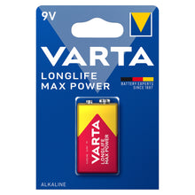 Varta Longlife Power Alkaline 9V batteri 1-pak i blå emballage med synlig batteri, egnet til røgalarm.