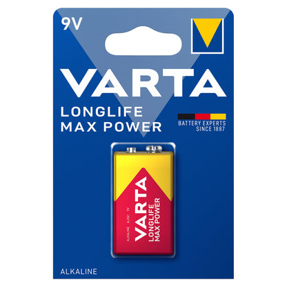 Varta Longlife Power Alkaline 9V batteri 1-pak i blå emballage med synlig batteri, egnet til røgalarm.