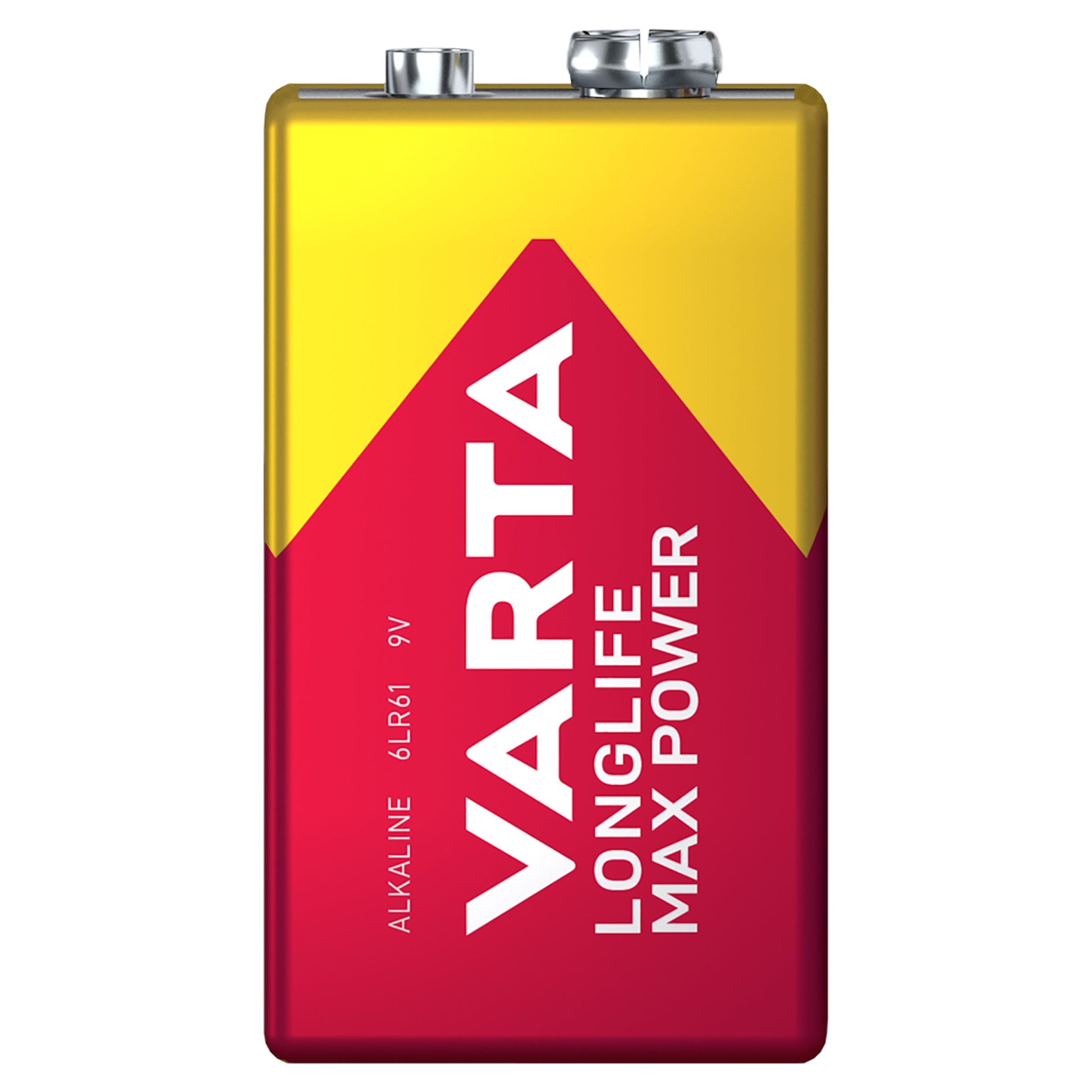 Varta Longlife Power Alkaline 9V batteri, 1 pakke, "LONGLIFE MAX POWER" lodret tekst på rød og gul baggrund.