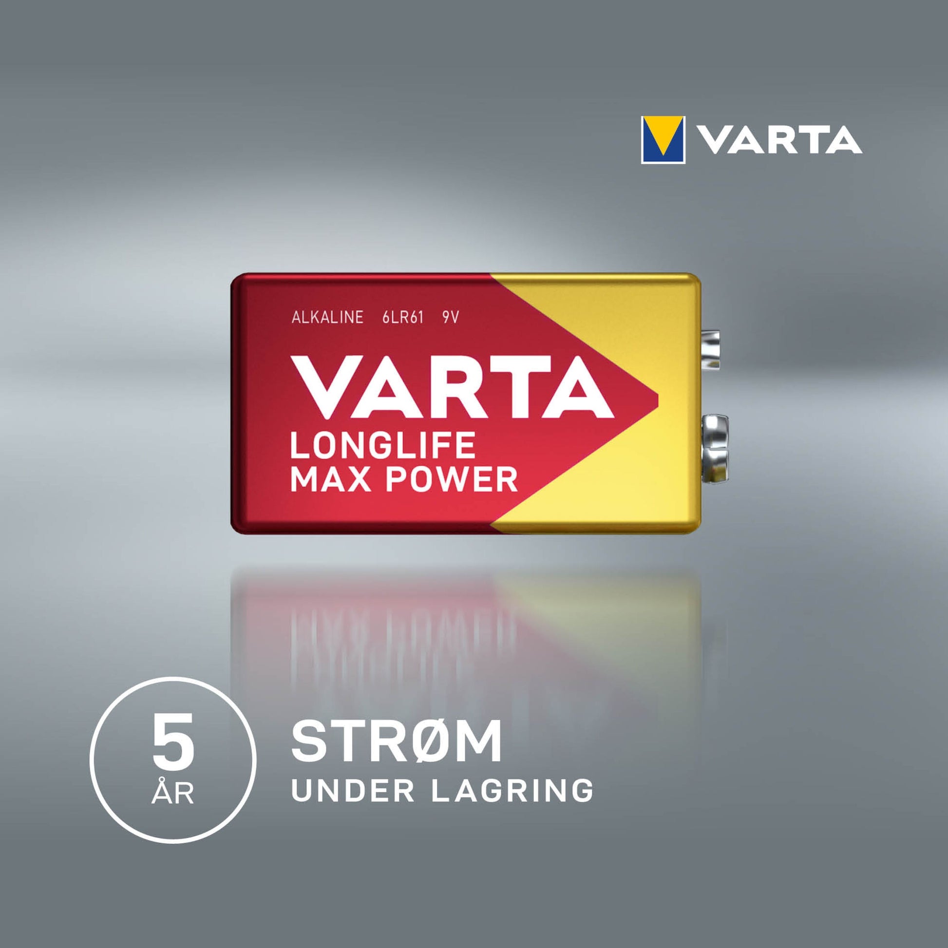 Varta Longlife Power Alkaline 9V batteri 1-pak med Varta-logo, tekst angiver op til 5 års strøm ved lagring.