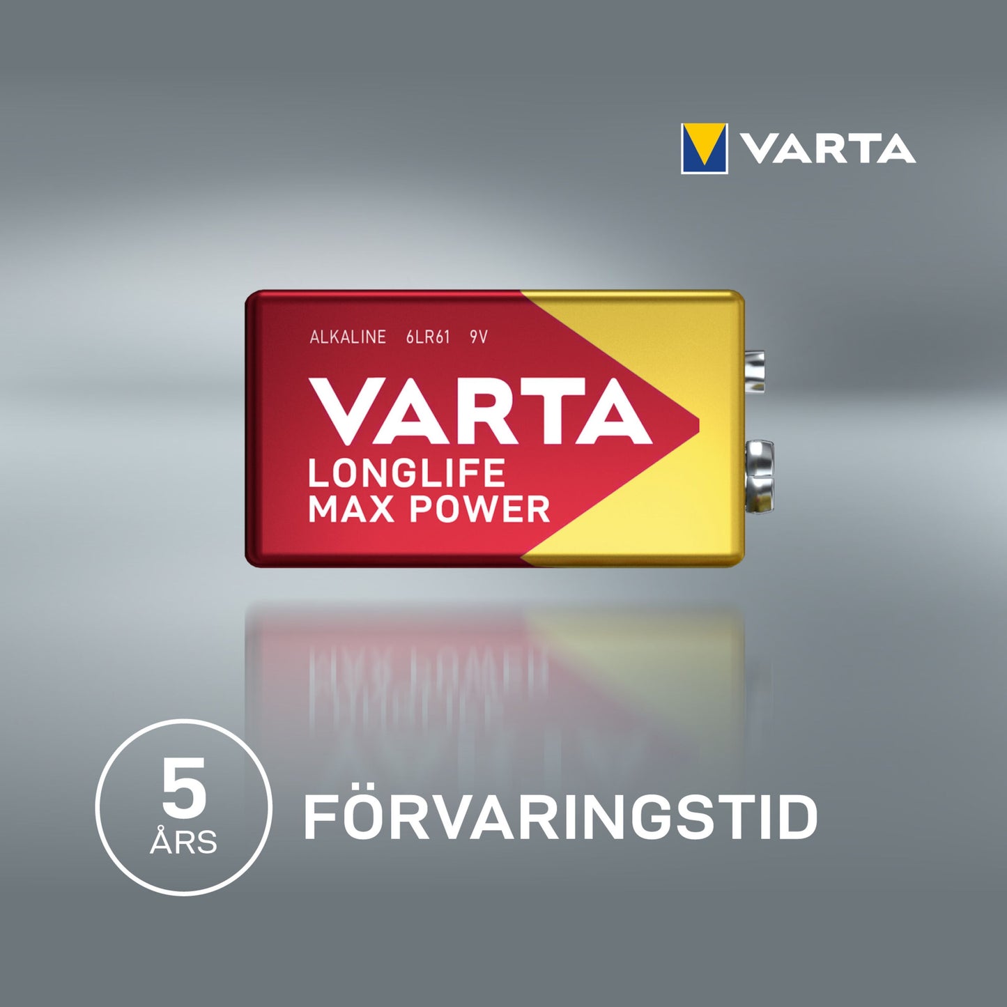Varta Longlife Power Alkaline 9V batteri 1-pakke med Varta-logo og "5 års förvaringstid" trykt på pakken.