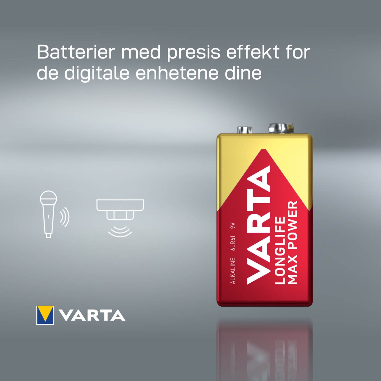 Varta Longlife Power Alkaline 9V-batteri 1-pak, mikrofon- og røgalarmikoner, norsk tekst øverst.