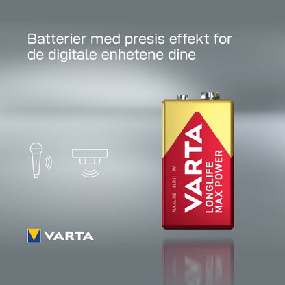 Varta Longlife Power Alkaline 9V-batteri 1-pak, mikrofon- og røgalarmikoner, norsk tekst øverst.