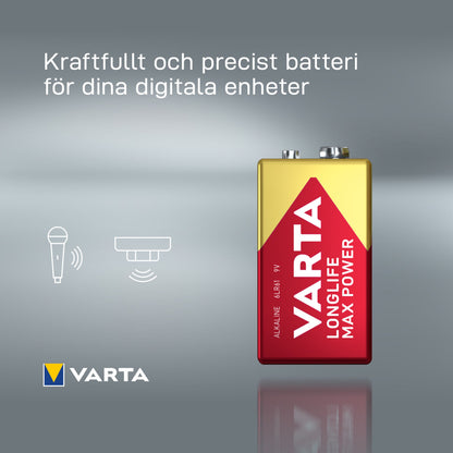 Varta Longlife Power Alkaline 9V-batteri 1-pak med mikrofon- og røgalarmikoner, svensk tekst, Varta-logo nederst til venstre.
