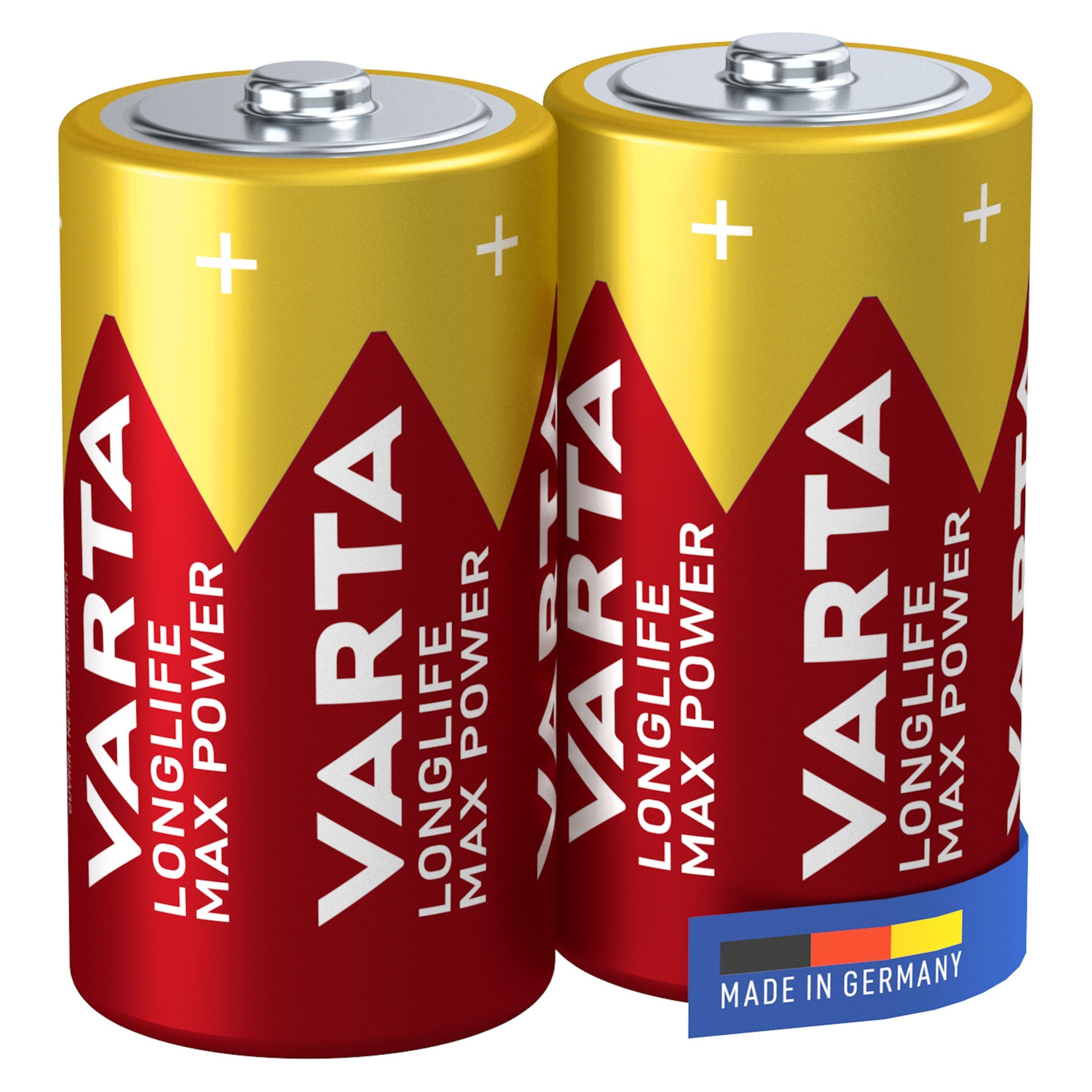 Varta Longlife Max Power C-batteri 2-pak, rød-guld design, Made in Germany-mærke og tysk flag nederst til højre.