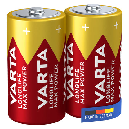 Varta Longlife Max Power C-batteri 2-pak, rød-guld design, Made in Germany-mærke og tysk flag nederst til højre.