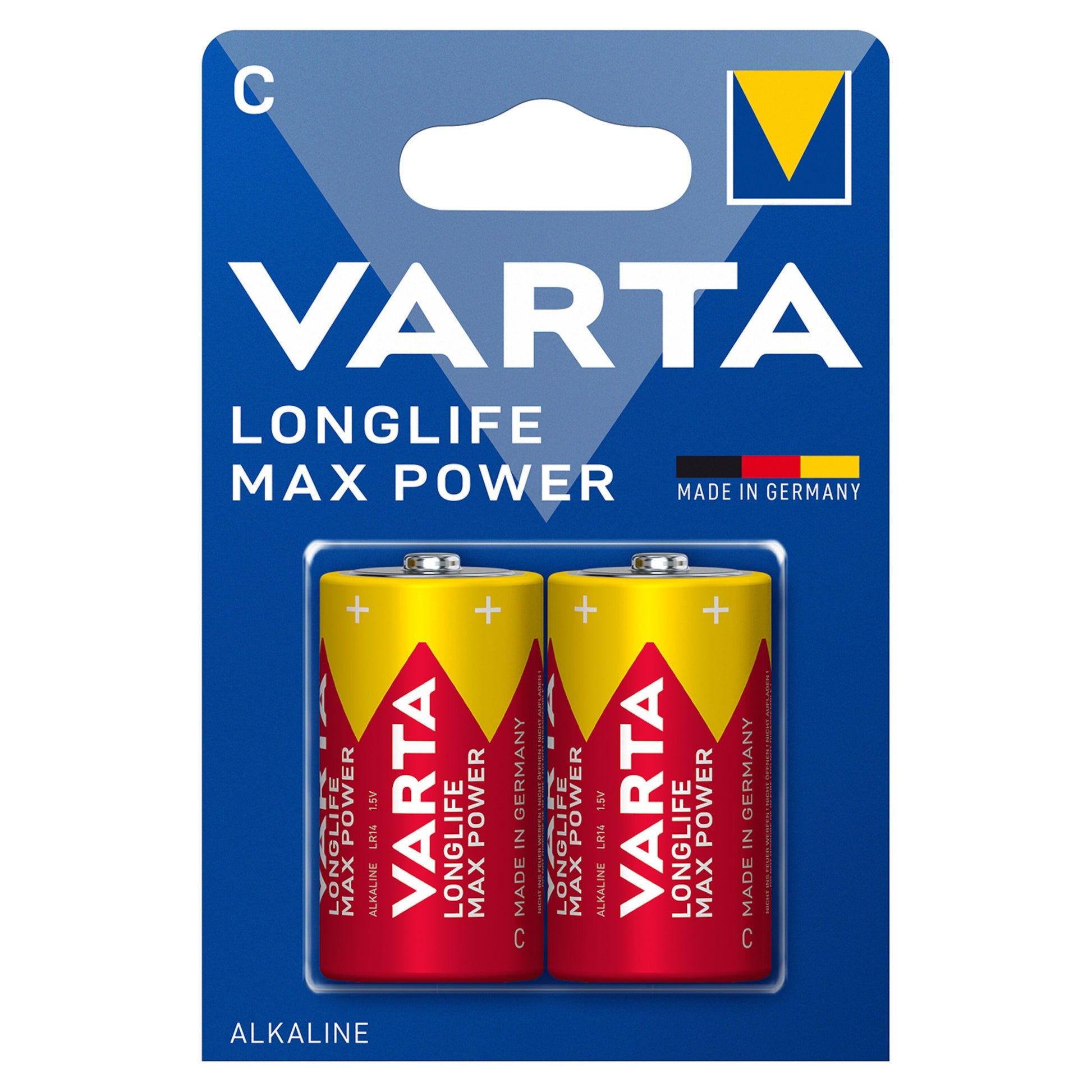 Varta Longlife Max Power C-batterier 2-pak i blå og gul emballage med teksten Made in Germany.