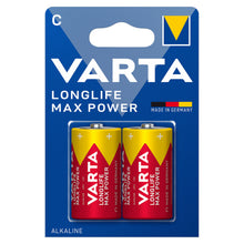 Varta Longlife Max Power C-batterier 2-pak i blå og gul emballage med teksten Made in Germany.
