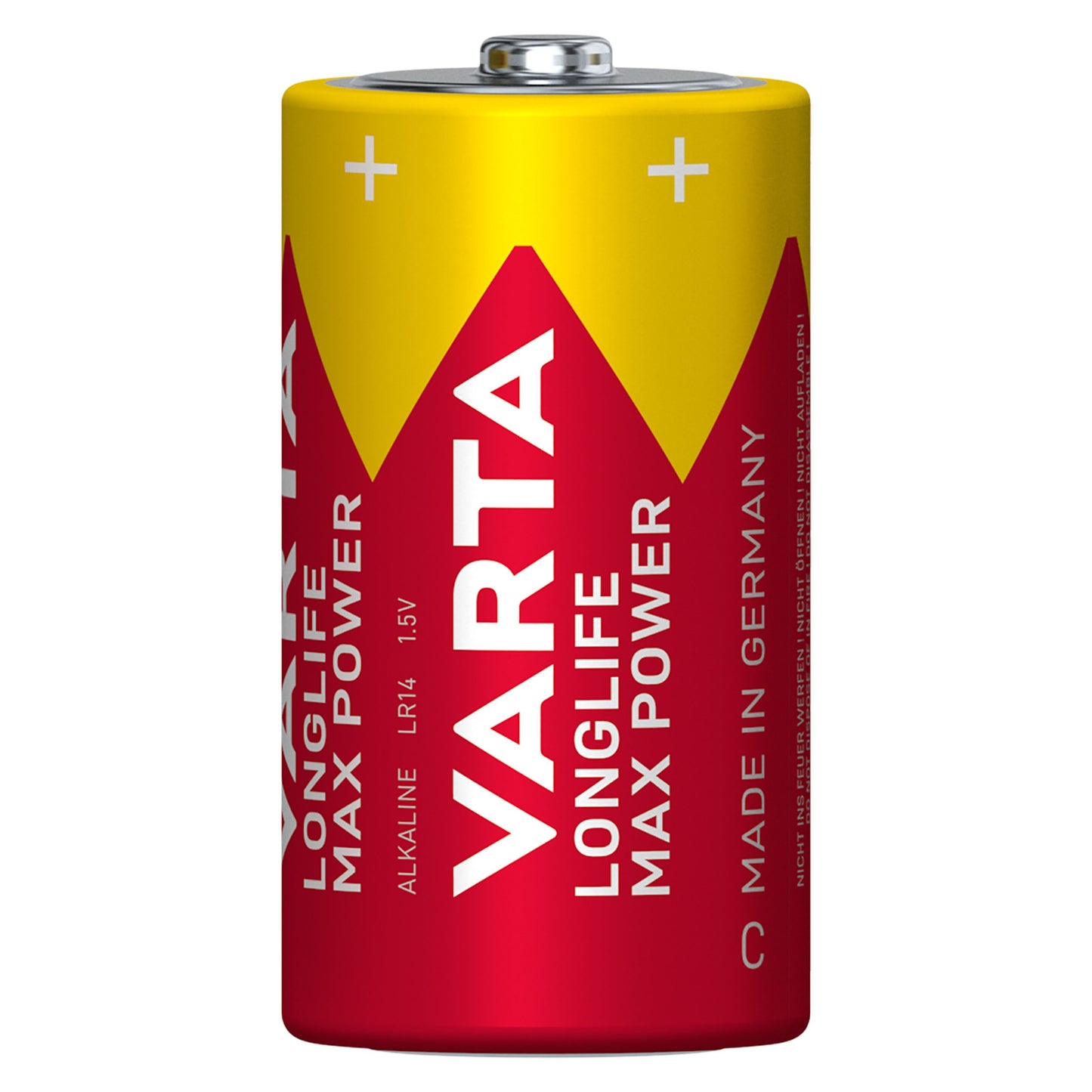 Varta Longlife Max Power C-batteri 2-pack, rød/gul design, hvid tekst "Made in Germany", positiv pol vises.