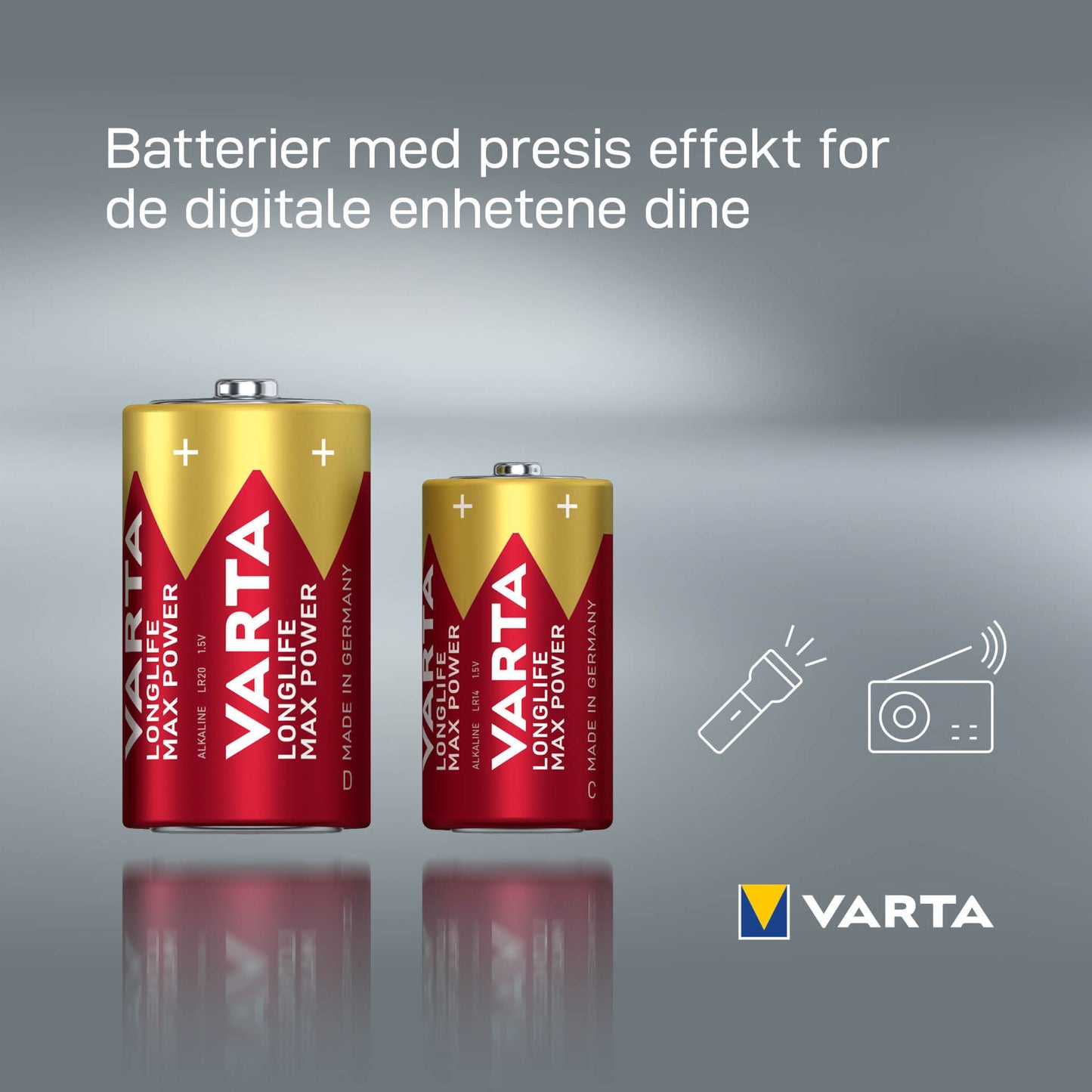 Varta Longlife Max Power C-batteri 2-pak med norsk tekst, lommelygte- og radioikoner samt Varta-logo.