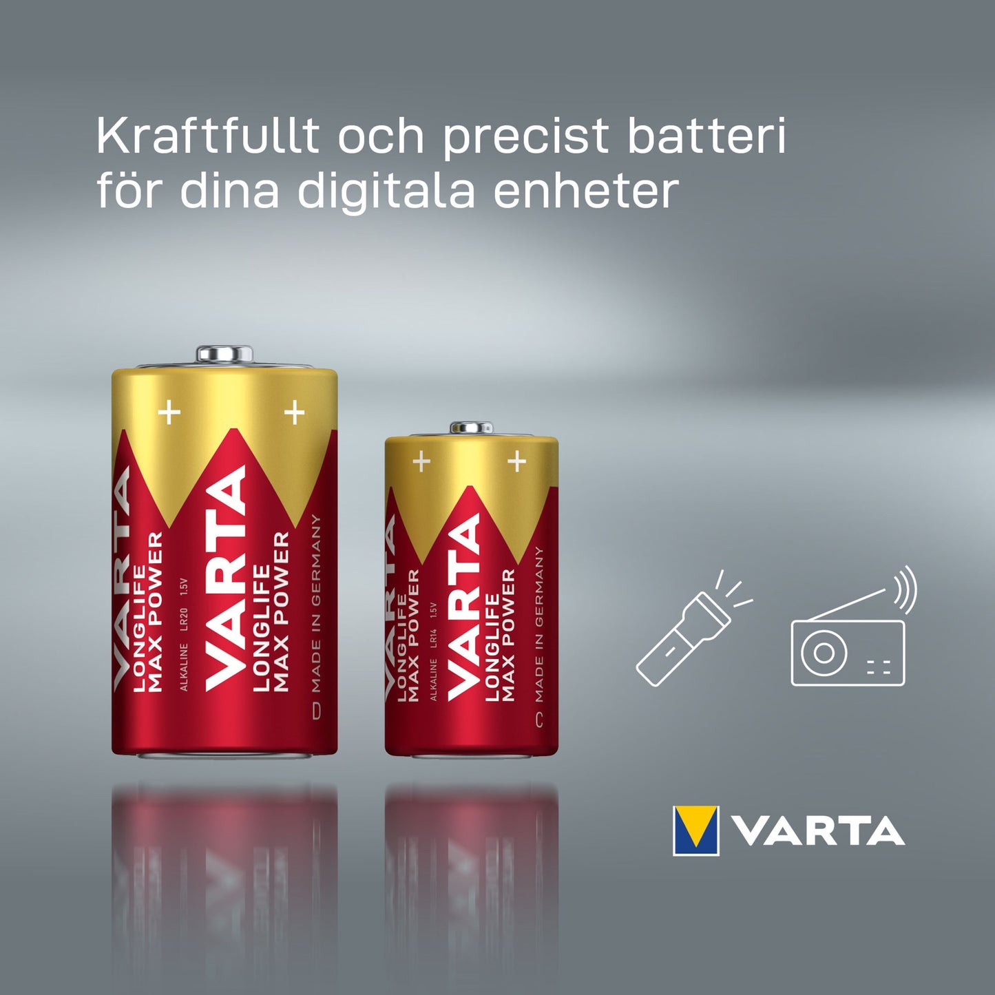 Varta Longlife Max Power C-batterier 2-pack rød/guld med lommelygte- og radioikoner, svensk tekst på pakken.