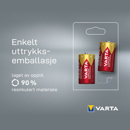 Varta Longlife Max Power C-batteri 2-pak, rød/guld emballage, norsk tekst om op til 90 genbrugsmateriale, Varta-logo.