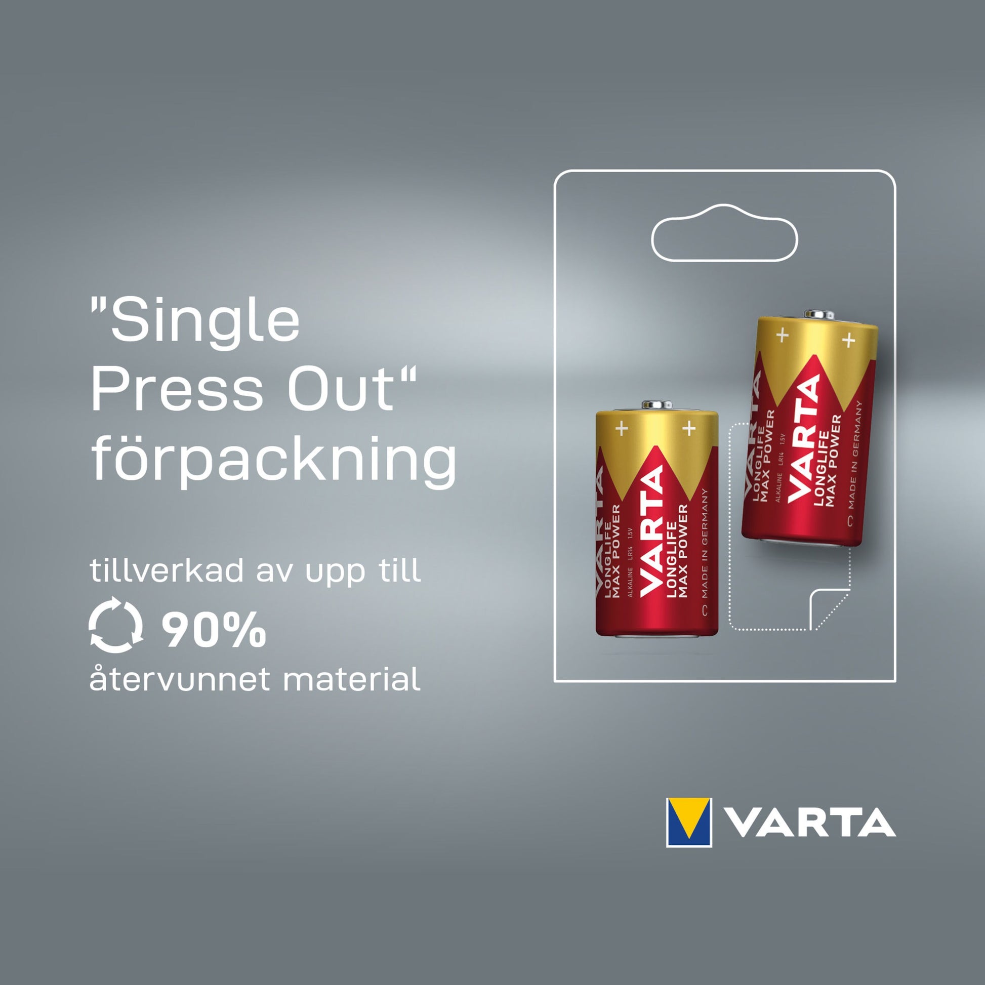 Varta Longlife Max Power C-batteri 2-pack, rød/guld emballage, Single Press Out label på svensk, op til 90 genbrug.