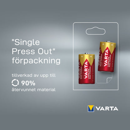 Varta Longlife Max Power C-batteri 2-pack, rød/guld emballage, Single Press Out label på svensk, op til 90 genbrug.