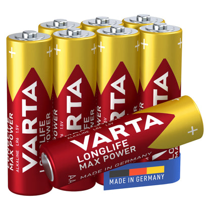 Varta Longlife Max Power AA-batterier 8-pak, røde og gyldne, med "Made in Germany"-label synlig.