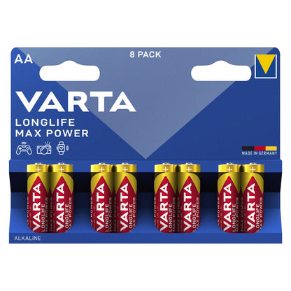 Varta Longlife Max Power AA-batterier 8-pak, blå/gul emballage, teksten "Made in Germany.