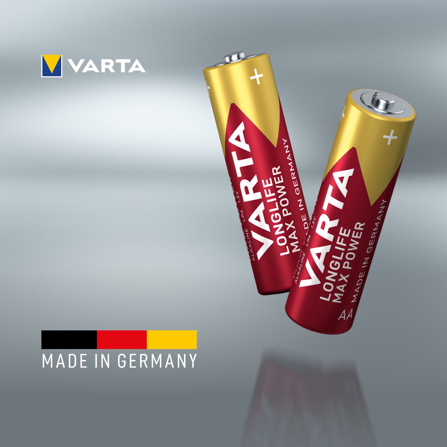 Varta Longlife Max Power AA-batterier fra 8-pak med røde/gule etiketter, Varta-logo og Made in Germany med tysk flag.