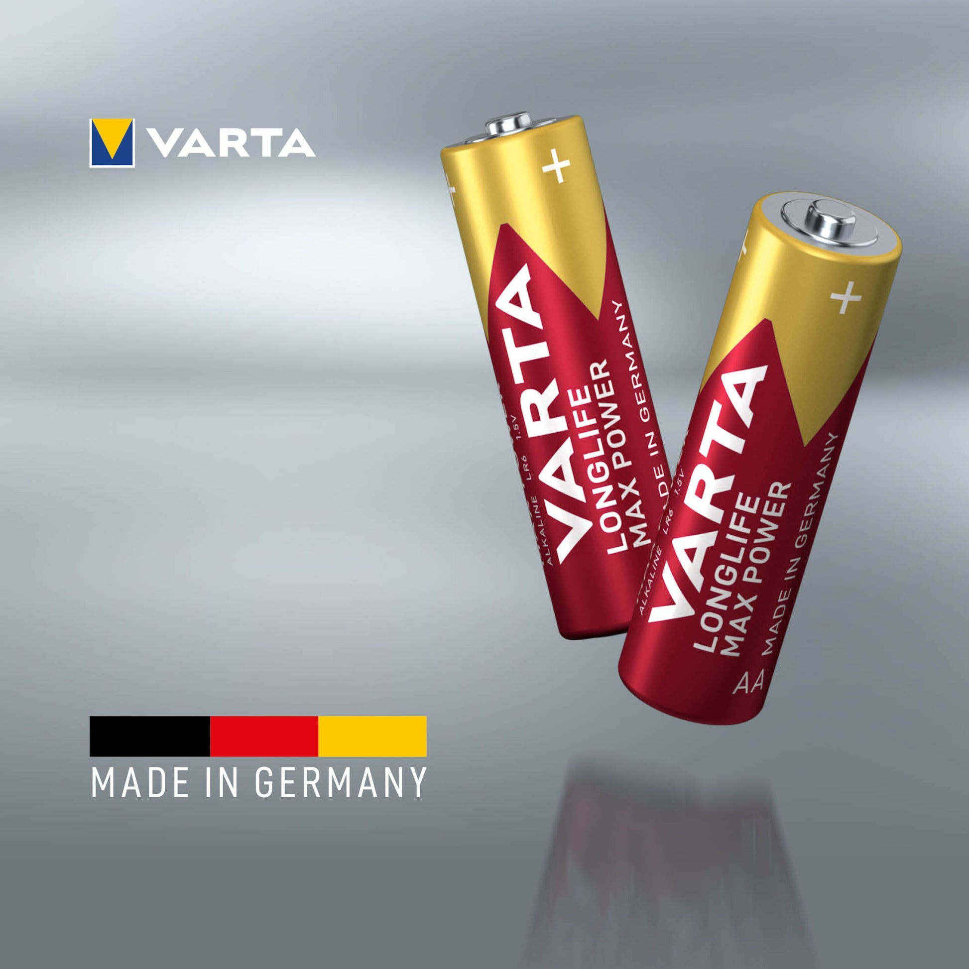 Varta Longlife Max Power AA-batterier 8-pak, synlig Varta-logo, Made in Germany, sorte/røde/gule striber.