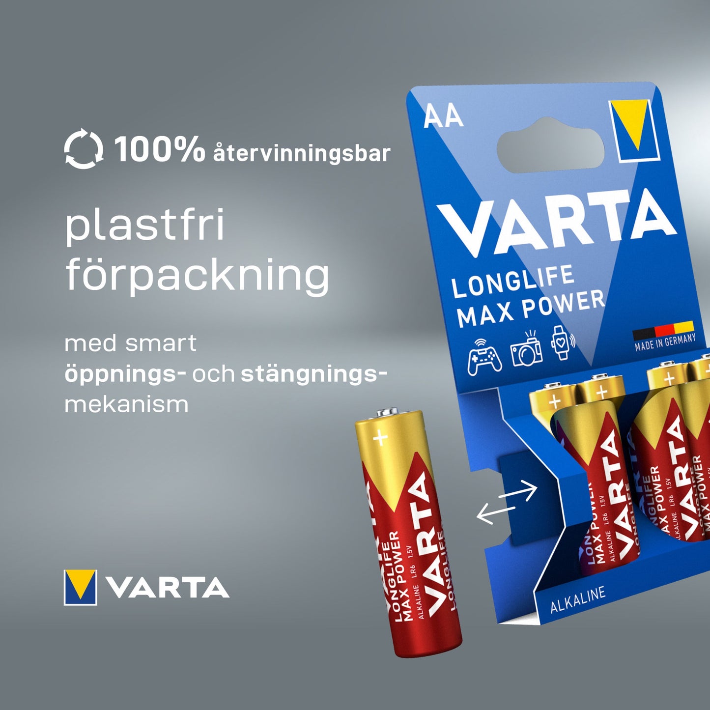 Varta Longlife Max Power AA-batterier 8-pak blå/gul miljøemballage med kamera, controller, fjernbetjening ikoner, svensk tekst.