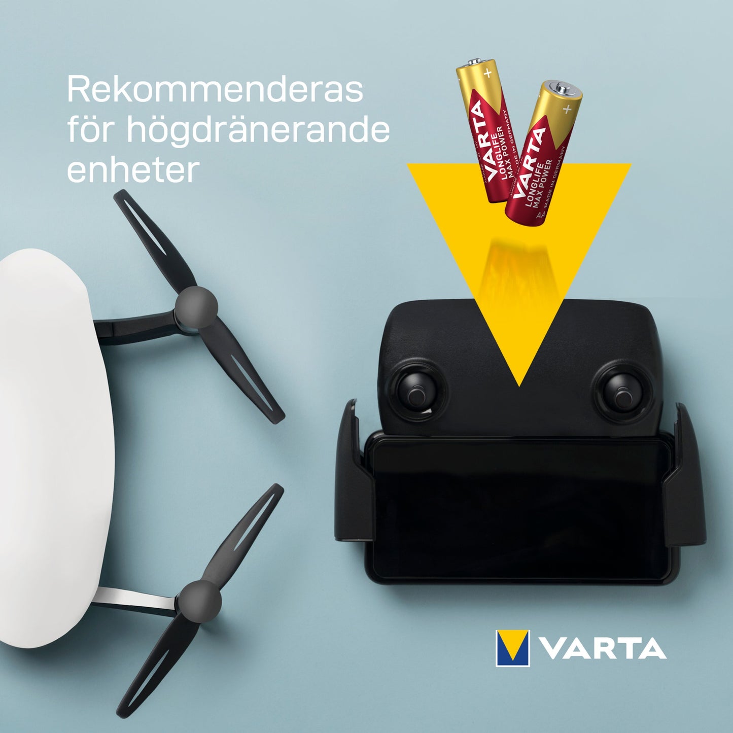 Varta Longlife Max Power AA-batterier 8-pak, tydelig svensk tekst "Rekommenderas för högdränerande enheter", Varta-logo.