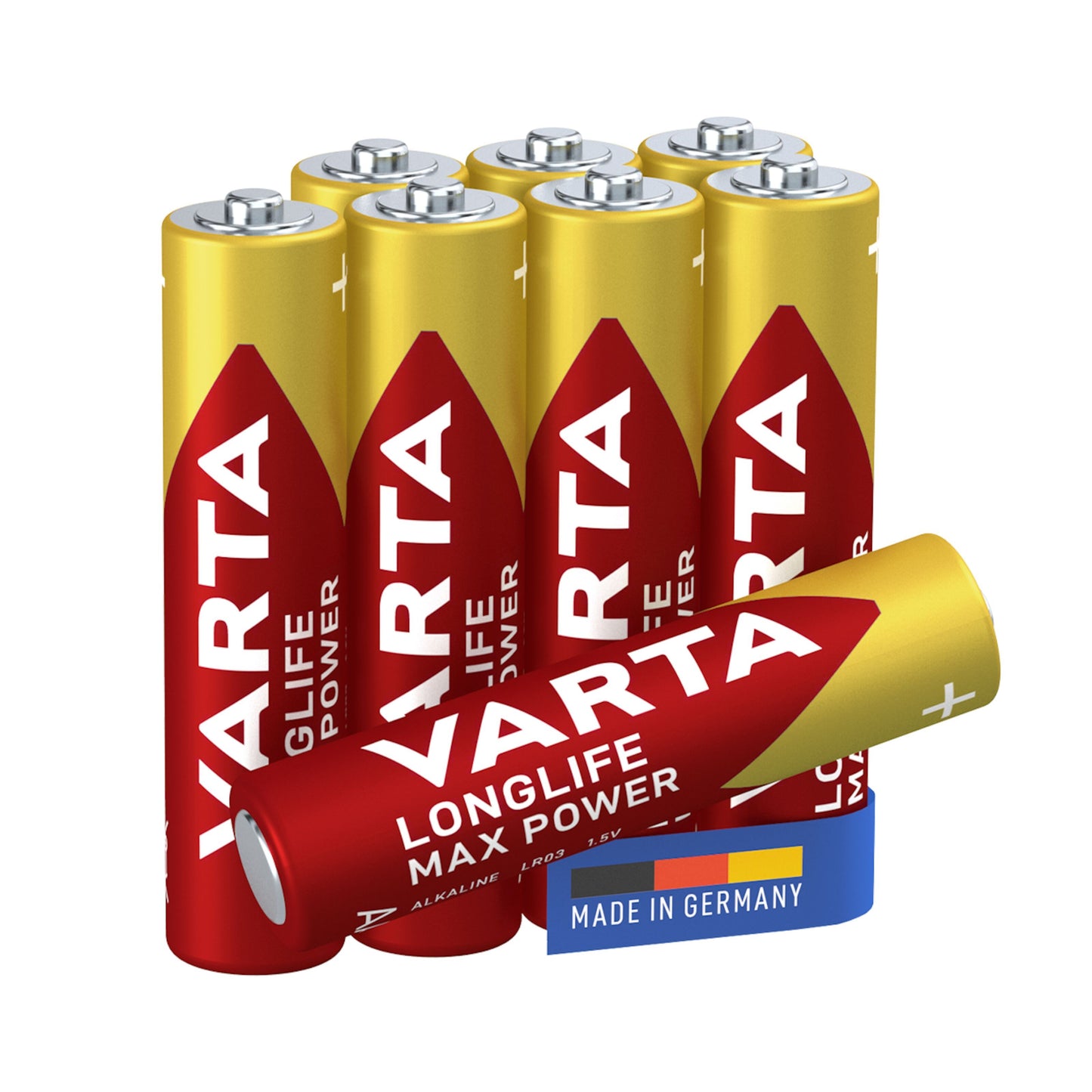 Varta Longlife Max Power AAA-batterier 8-pak, røde/gule etiketter, synligt Made in Germany-mærkat med tyske flagfarver.