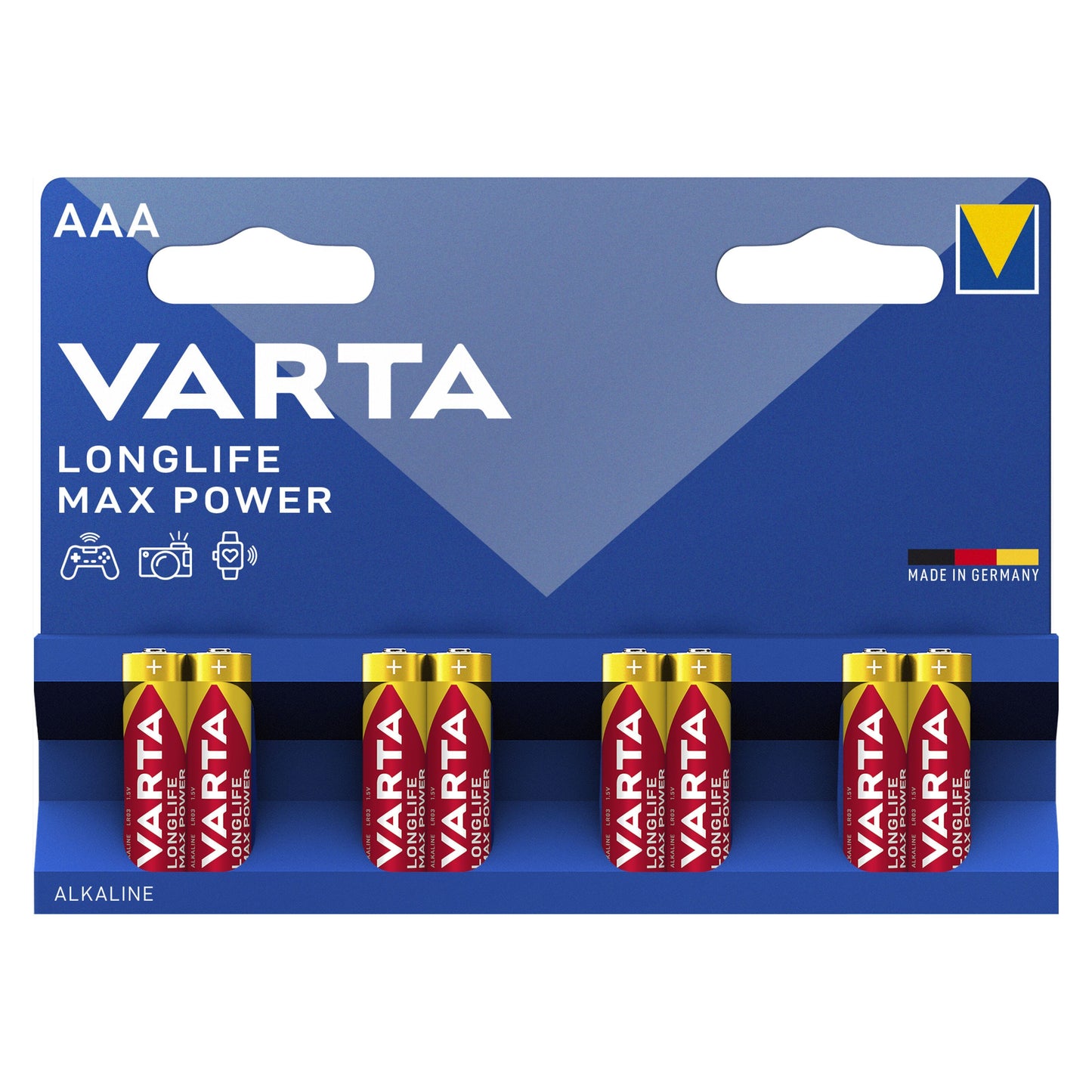 Varta Longlife Max Power AAA batterier 8-pak, blå og hvid emballage med gule detaljer, Made in Germany.