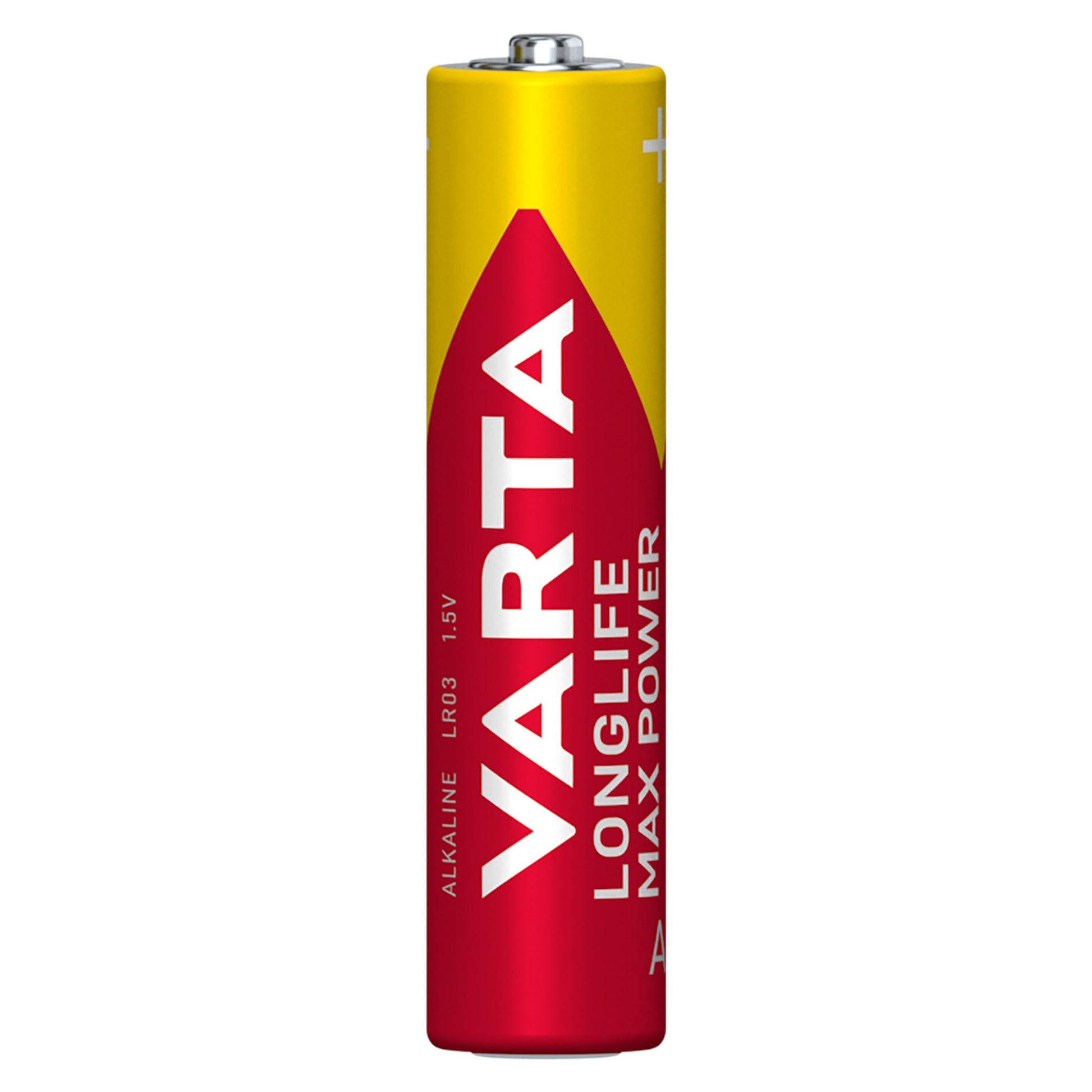 Varta Longlife Max Power AAA-batterier 8-pak, rød/gul design, tekst LONGLIFE MAX POWER og 1,5V synlig på etiketten.