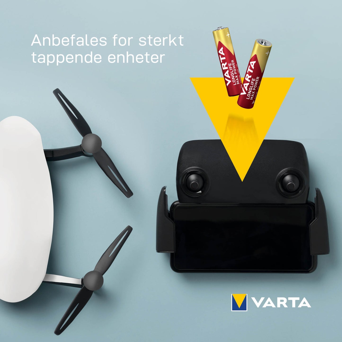 Varta Longlife Max Power AAA-batteri 8-pak, Varta-logo, tekst "Anbefales for stærkt tappende enheder", hvid drone, sort controller.