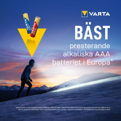 Varta Longlife Max Power AAA batterier 8-pak, logo og tekst: BÄST presterande alkaliska AAA-batterier i Europa.