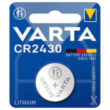 Varta CR2430 litiumbatteri 1-pakke blå emballage, Varta logo, 3,0 V, børnesikring, tysk flagfarve.