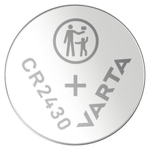Varta litiumbatteri CR2430 sølv, 1-pak, advarselsikon med voksen der forhindrer barn i at få fedt i lille genstand.