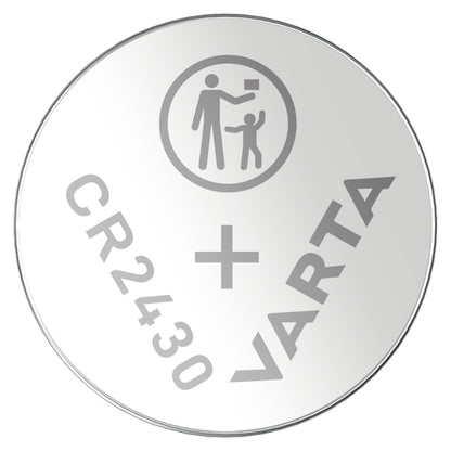 Varta litiumbatteri CR2430 sølv, 1-pak, advarselsikon med voksen der forhindrer barn i at få fedt i lille genstand.