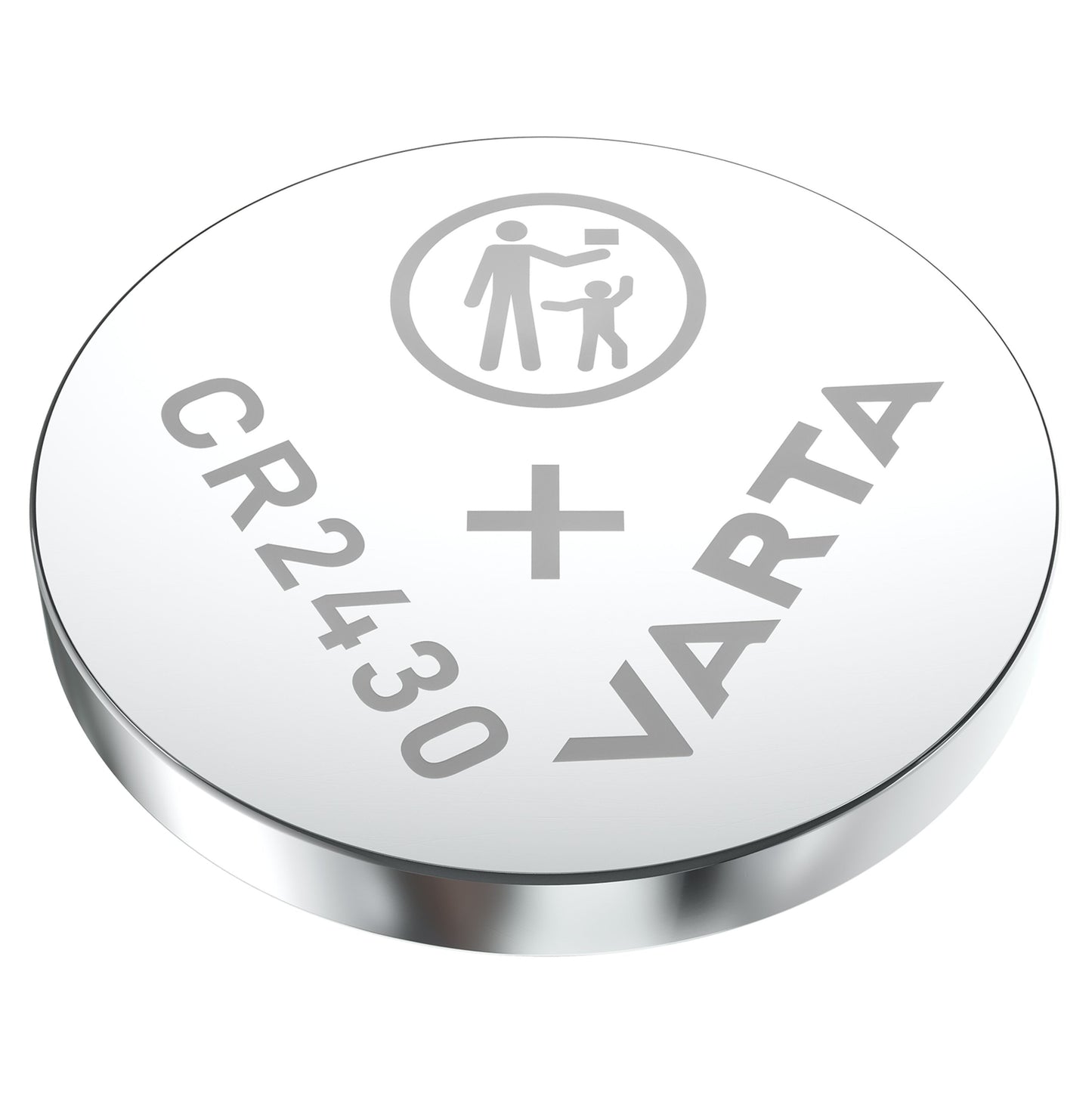 Varta Litiumbatteri CR2430 sølv 1-pakke, pluspol med +, advarselssymbol med voksen og barn, mærket 0V.