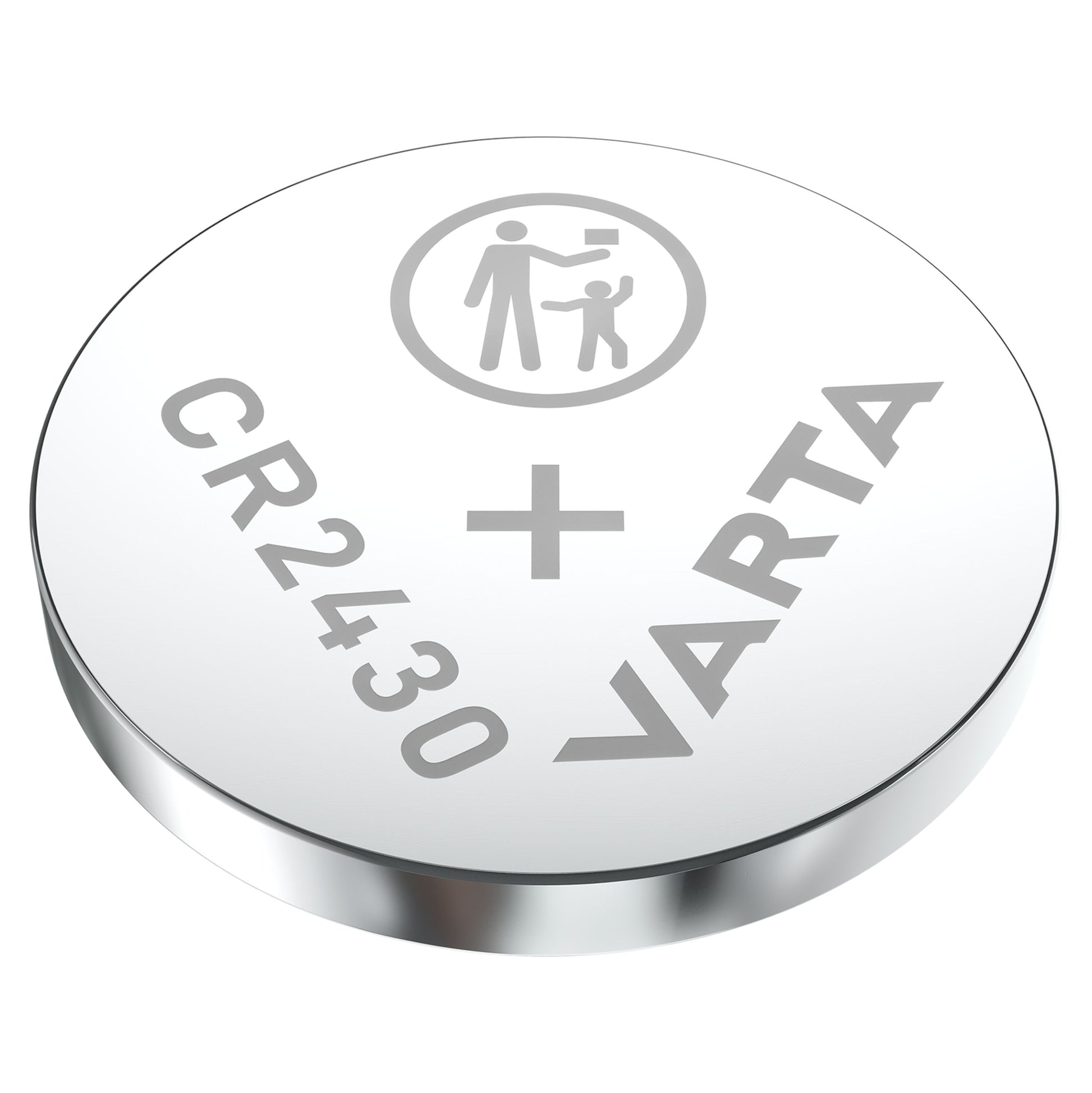 Varta Litiumbatteri CR2430 sølv 1-pakke, pluspol med +, advarselssymbol med voksen og barn, mærket 0V.