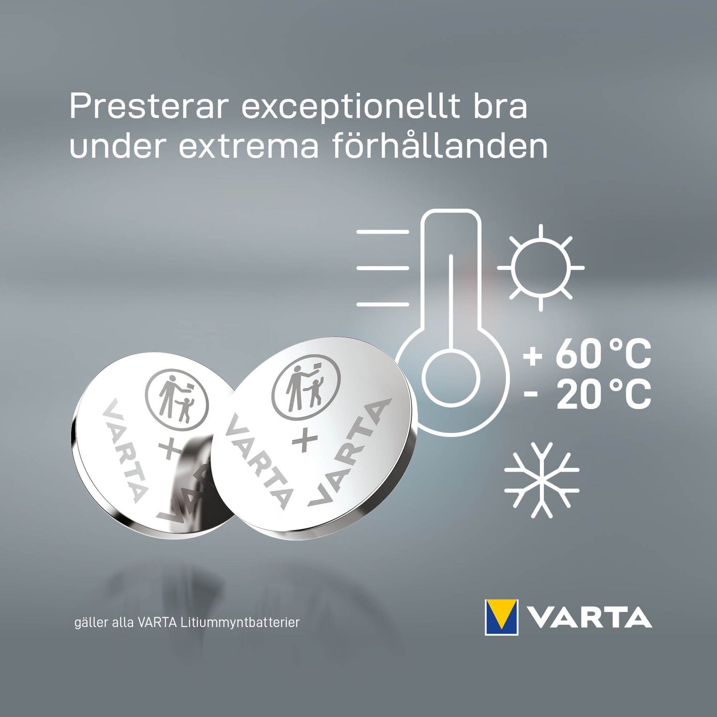 Varta litiumbatteri CR2430 1-pak, ikon med sol, snefnug, termometer +60°C/-20°C, Varta-logo.