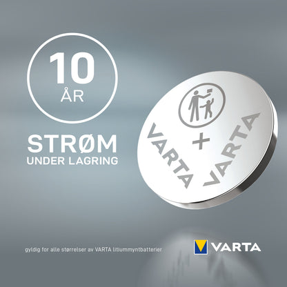 VARTA Litiumbatteri CR2430 3,0V sølvfarvet med "10 ÅR STRØM UNDER LAGRING" og VARTA-logo, norsk tekst.