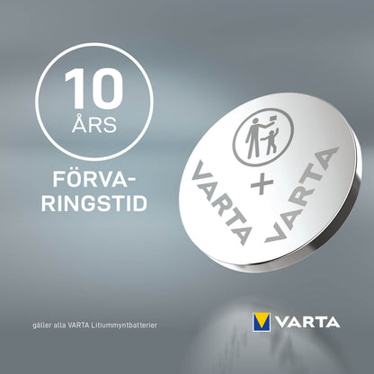 VARTA Litiumbatteri CR2430 1-pak, tekst "10 års förvaringstid", VARTA-logo, børnesikringsikon på batteriet.