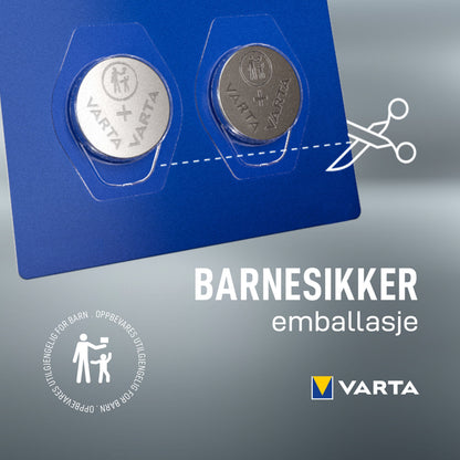 Varta CR2430 litiumbatteri 1-pak, børnesikret blå emballage med beskyttelsesikoner, saksesymbol og Varta-logo.