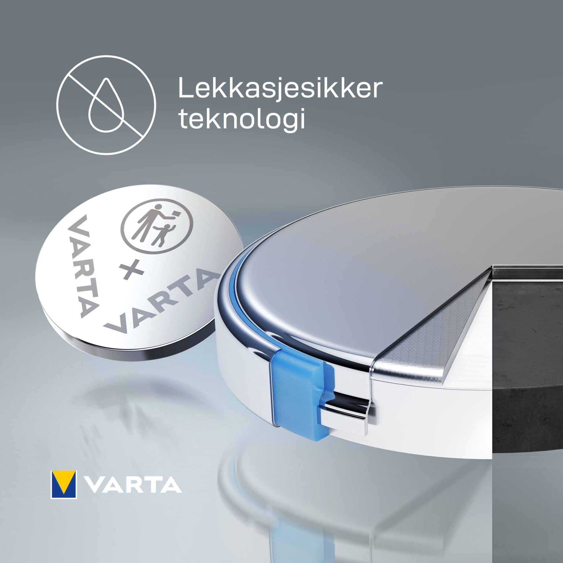 Varta CR2430 litiumbatteri 1-pak sølv med blå forsegling, Varta-logo, sikkerhedssymbol og teksten "Lekkasjesikker teknologi.