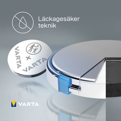 Varta Lithiumbatteri CR2430 1-pak, blå segl, batterisymbol med voksen/barn, tekst "Läckagesäker teknik", Varta logo.