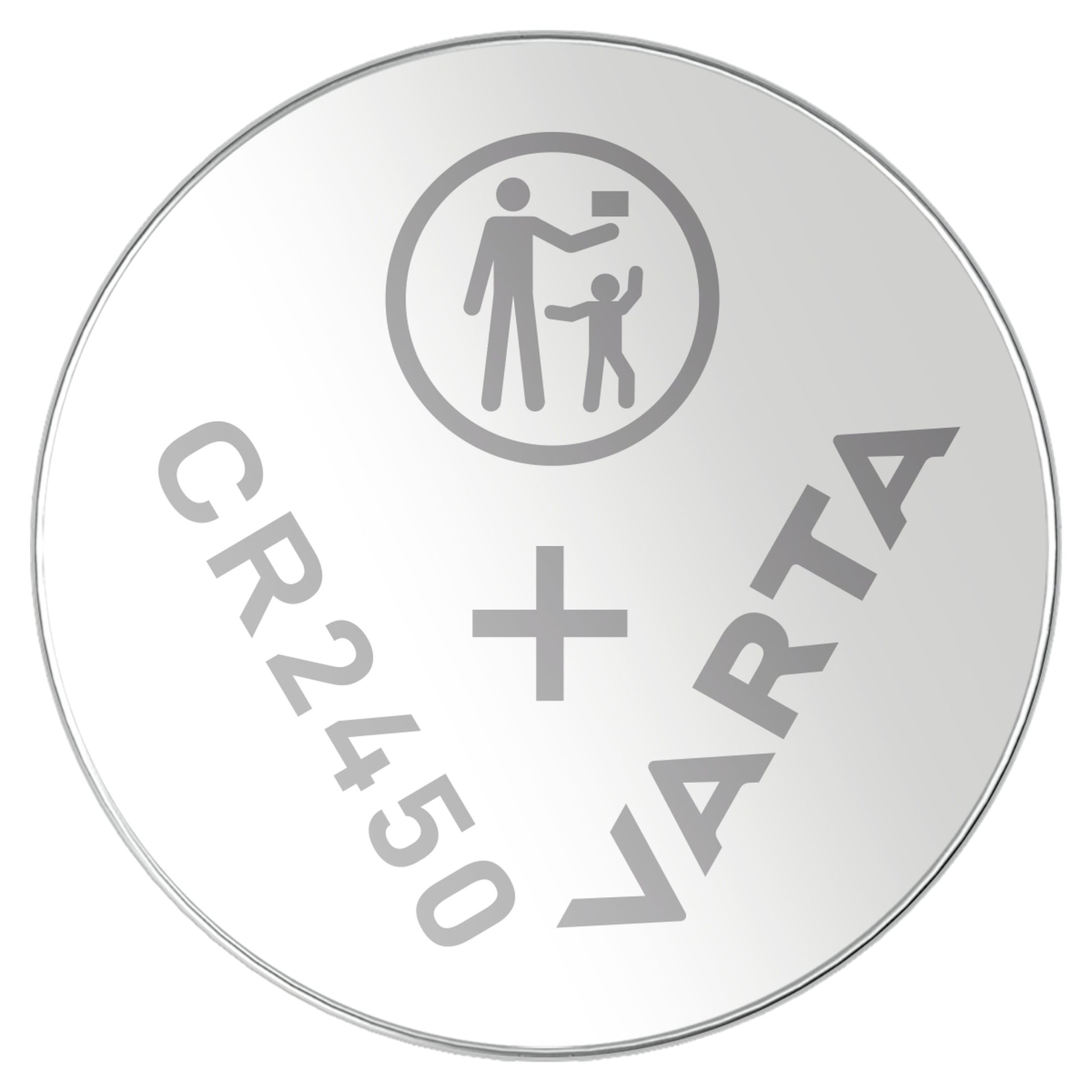 Varta litiumbatteri CR2450 3V sølv, rund form med "CR2450 + VARTA" samt symbol med voksen og barn på toppen, 1-pak.