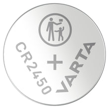 Varta litiumbatteri CR2450 3V sølv, rund form med "CR2450 + VARTA" samt symbol med voksen og barn på toppen, 1-pak.
