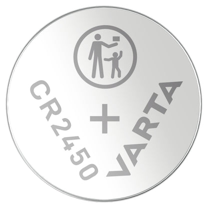 Varta litiumbatteri CR2450 3V sølv, rund form med "CR2450 + VARTA" samt symbol med voksen og barn på toppen, 1-pak.