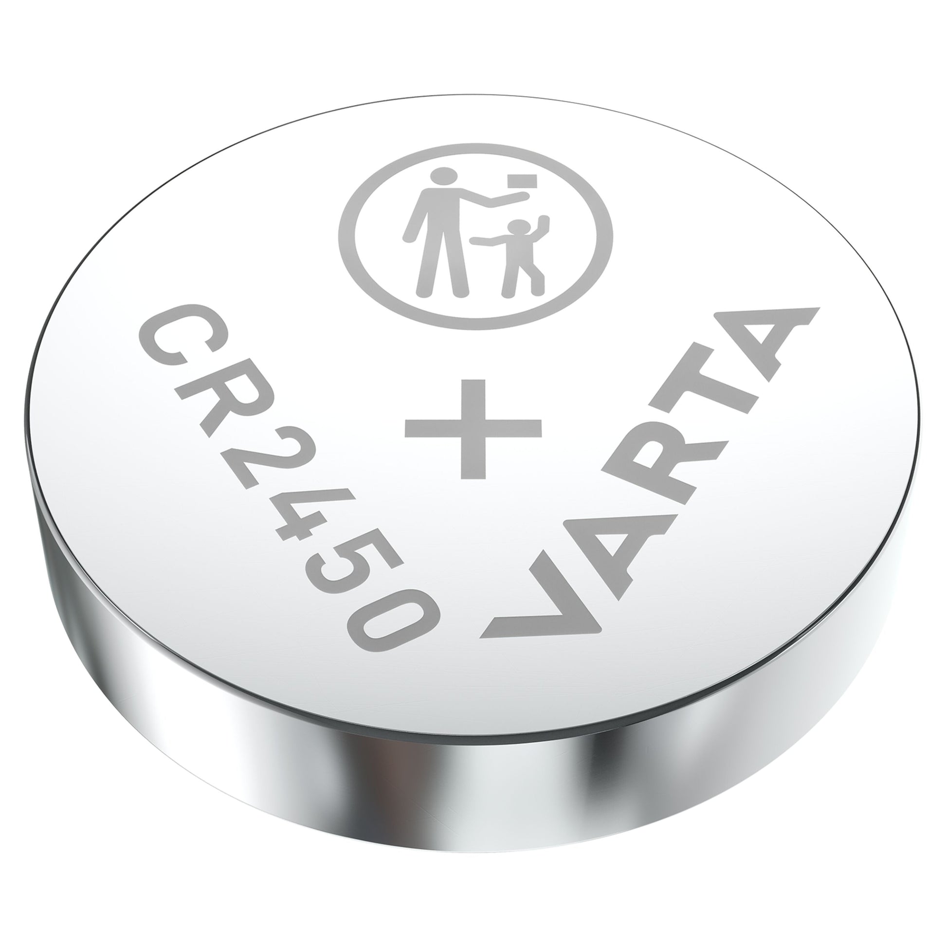 Varta lithiumbatteri CR2450 3.0V 1-pak, med ikon af voksen og barn samt børnesikkerhedsadvarsel.